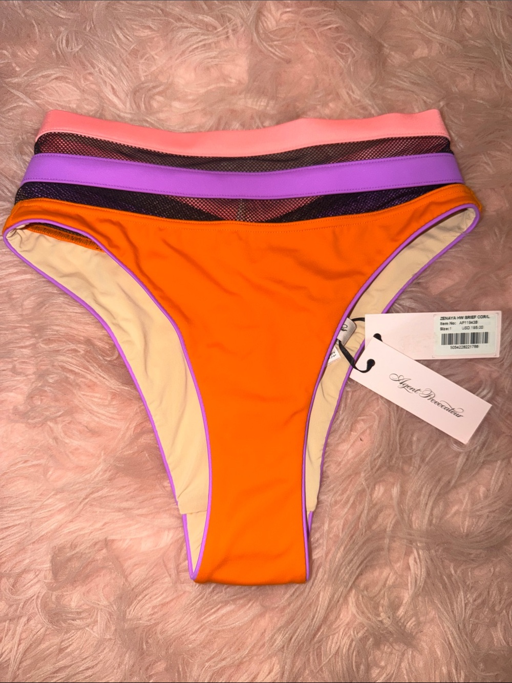 Agent Provocateur Orange High-Cut Bikini Bottom with Pink and Purple Waistband